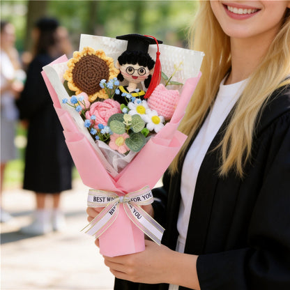 Graduation Hand Crochet Flower Bouquet , Knitted Roses & Sunflowers