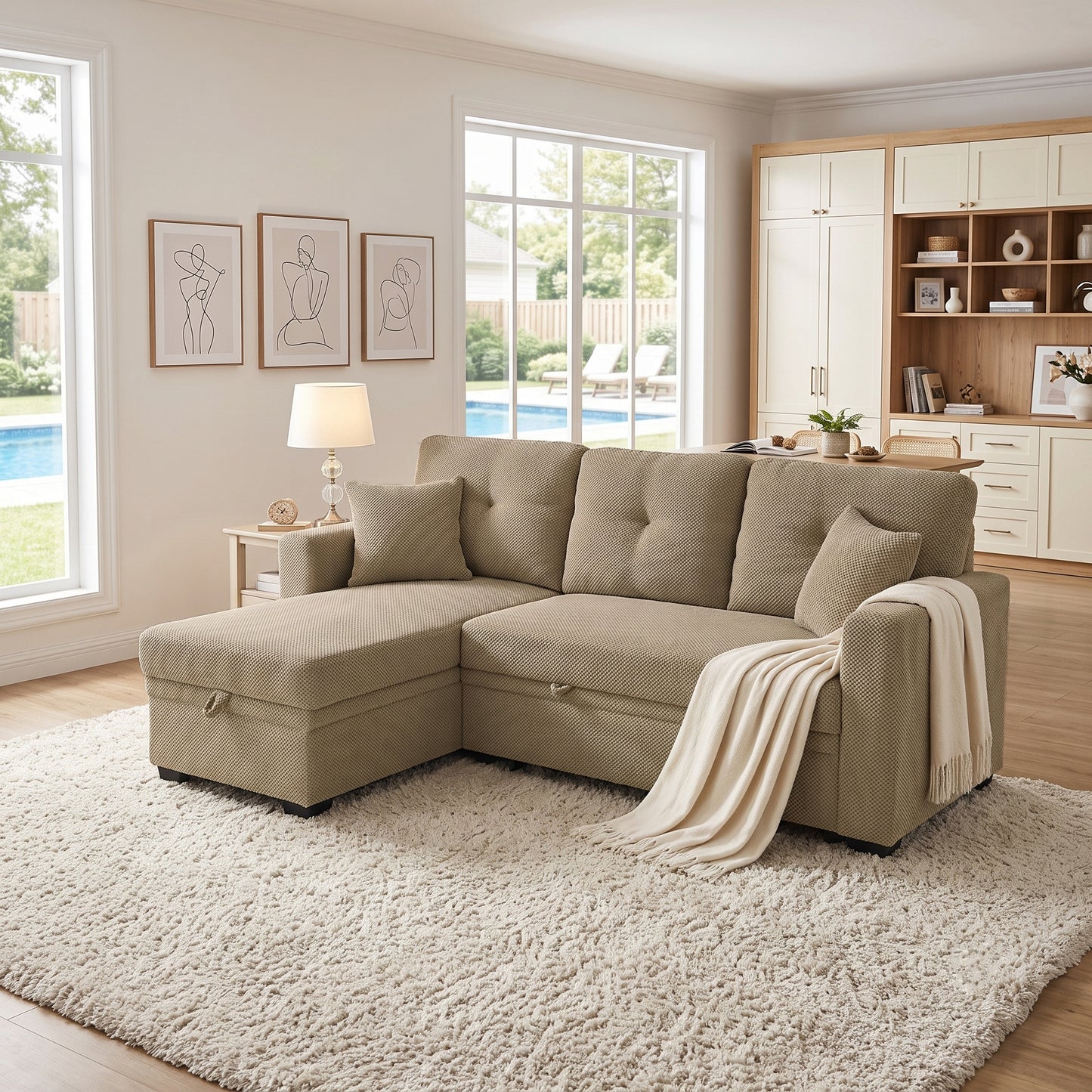 Sleeper Sofa, Sectional with Pull-Out Bed, Reversible Chaise, Storage