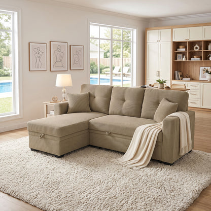 Sleeper Sofa, Sectional with Pull-Out Bed, Reversible Chaise, Storage
