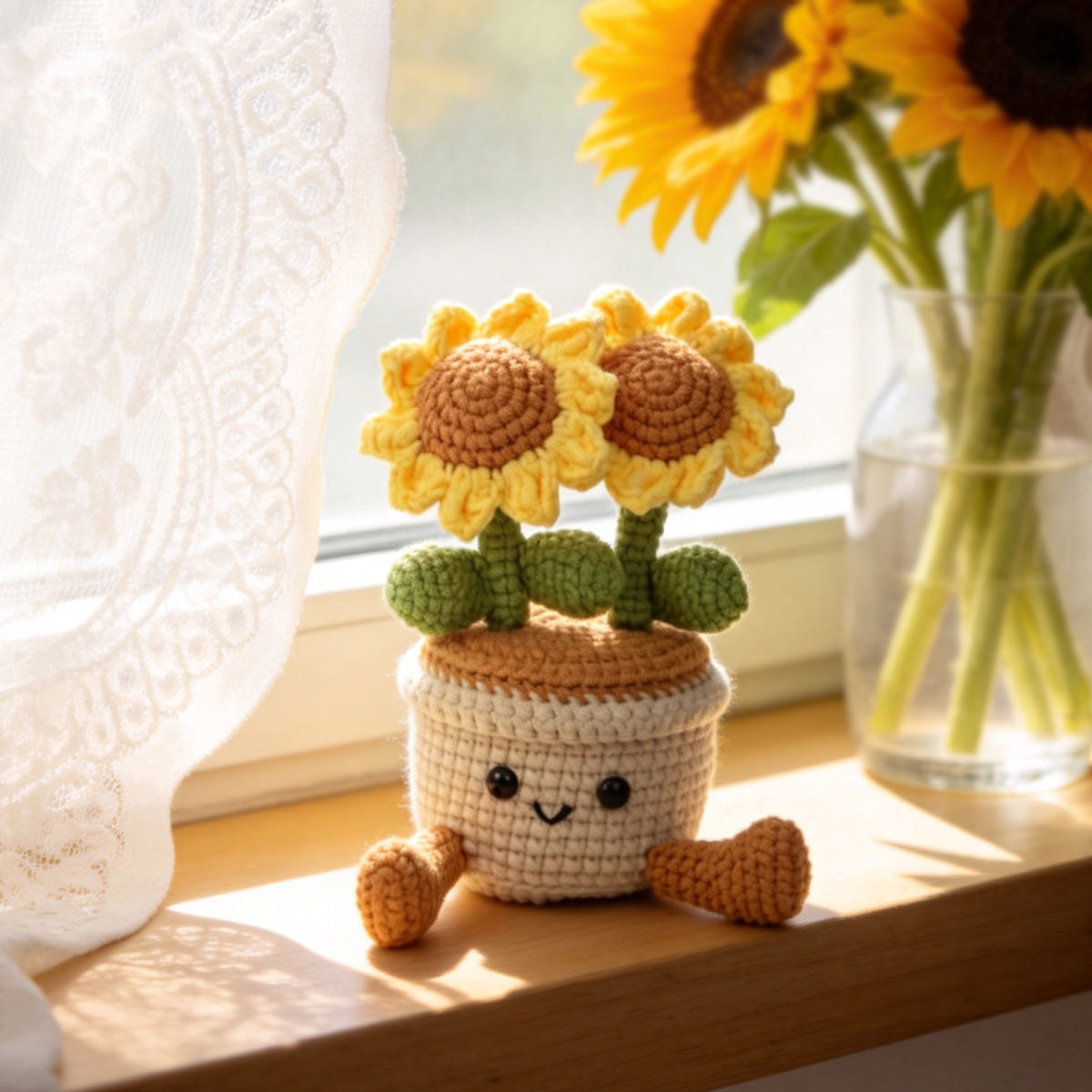 Handmade Crochet Double Sunflower Pot Ornament Soft Yarn Everlasting Crochet Blooms With FootShaped Parts Indoor Home Tabletop Decorative Ornament