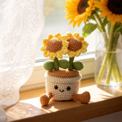 Handmade Crochet Double Sunflower Pot Ornament Soft Yarn Everlasting Crochet Blooms With FootShaped Parts Indoor Home Tabletop Decorative Ornament