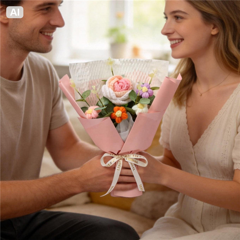 Handmade Crochet Yarn Flower Bouquet, Everlasting Knitted Roses &