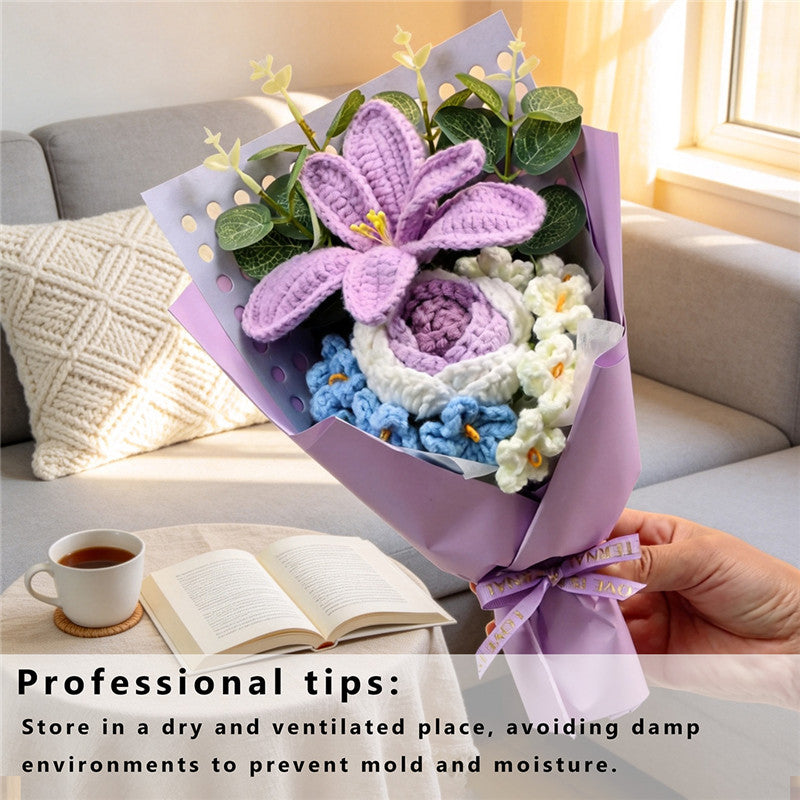 Handmade Crochet Knitted Bouquet, Purple Lily & Gradient Rose
