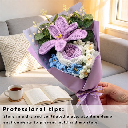 Handmade Crochet Knitted Bouquet, Purple Lily & Gradient Rose