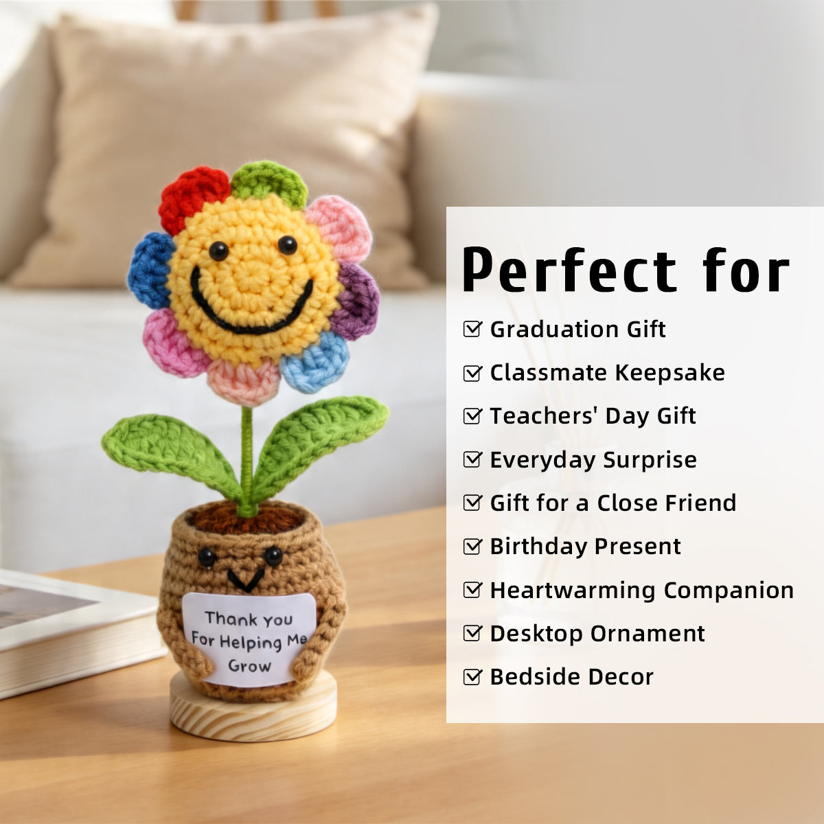 Handmade Crochet Potted Flower, Cute Flower Pot Matched With Rainbow Smiling Sunflower, Soft Yarn Everlasting Crochet Floral Pot, Indoor Home Desktop
