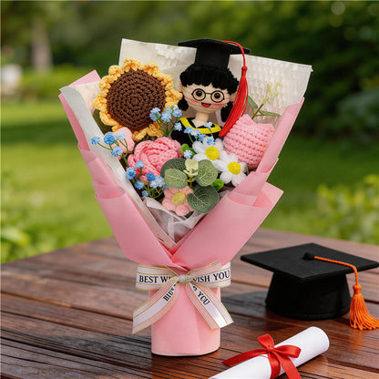 Graduation Hand Crochet Flower Bouquet , Knitted Roses & Sunflowers