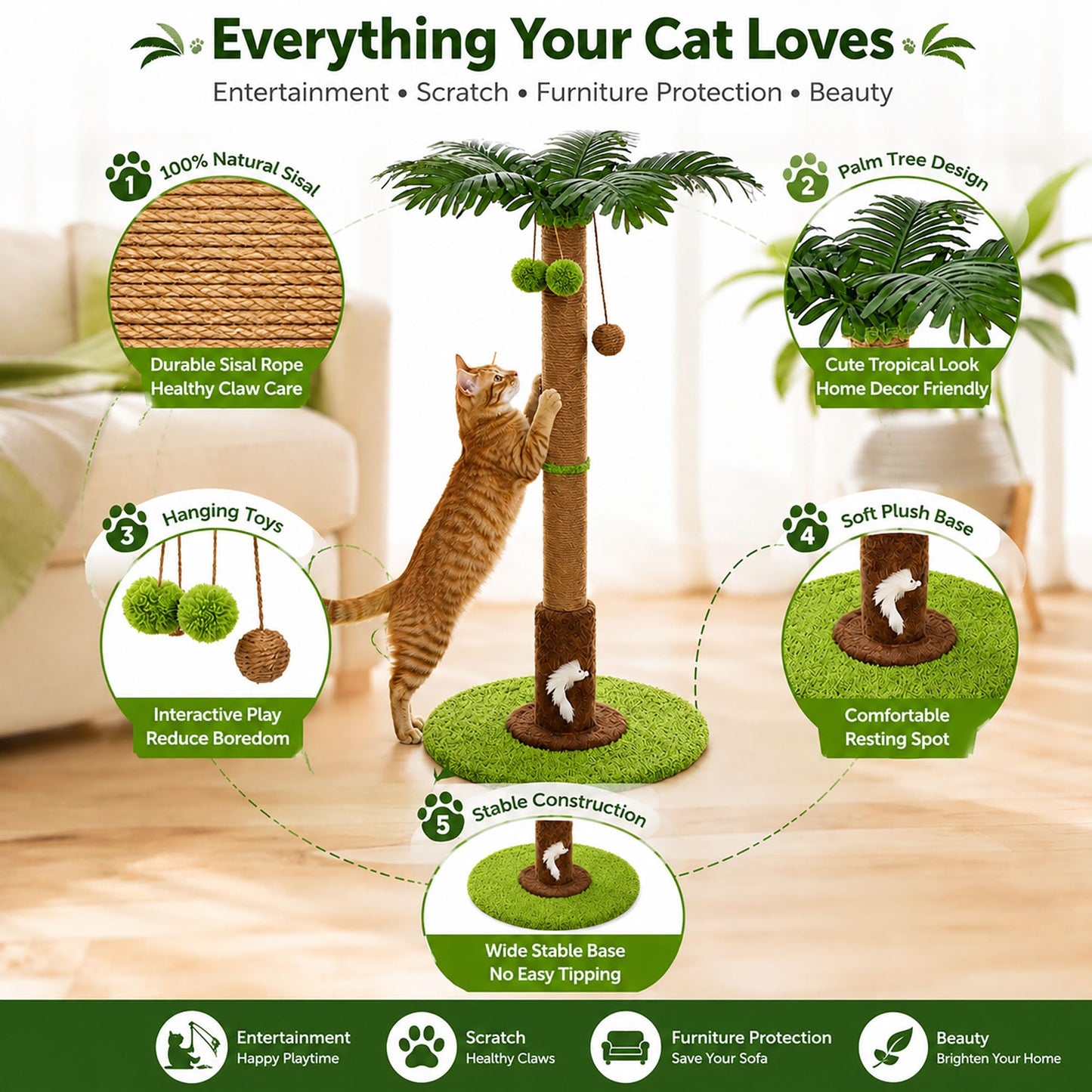 Cat Scratching Post, Sisal Scratcher With Toys For Indoor Cats Protects Furniture While Satisfying Natural Scratching Instincts. Durable Sisal Post