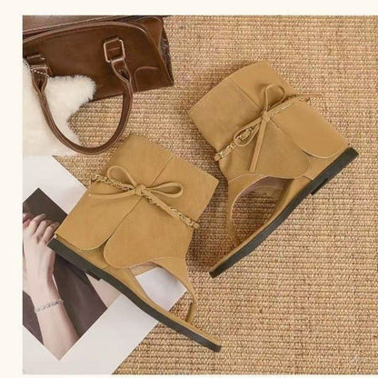 Women Y2K Gold Chain Decor Thong Toe Ankle Sandal Boots, Flat Heel Square Open Toe Folded Layer Upper Retro Street Wear Short Booties