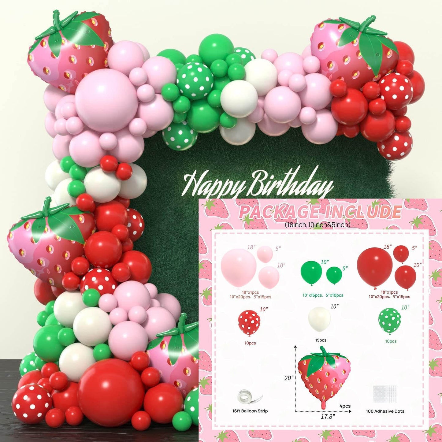 Strawberry Theme Balloon Set Birthday Party Decoration Kit With Background Props For Kids Baby Shower Event Supplies