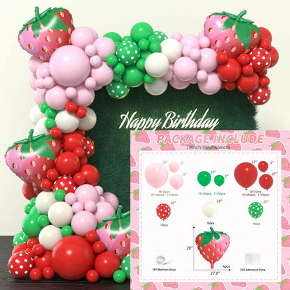 Strawberry Theme Balloon Set Birthday Party Decoration Kit With Background Props For Kids Baby Shower Event Supplies