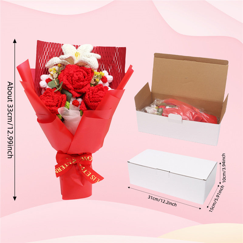 Handmade Knitted Crochet Bouquet, Red Roses & White Lily Everlasting