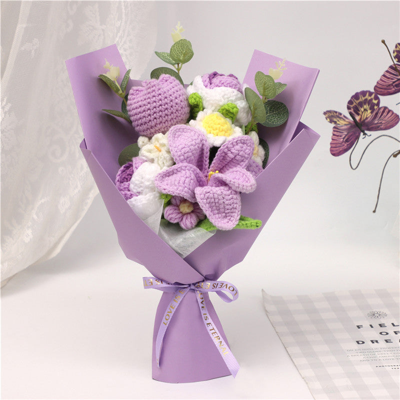 Handmade Crochet Purple Yarn Flower Bouquet, Everlasting Crochet Lily