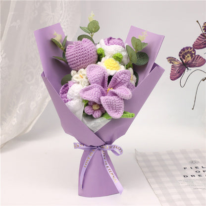 Handmade Crochet Purple Yarn Flower Bouquet, Everlasting Crochet Lily