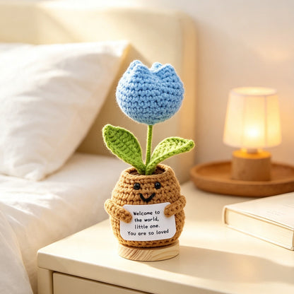 Handmade Crochet Tulip Shaped Potted Flower Ornament, Everlasting Soft Yarn Crochet Bloom With Warm Wish Note, Indoor Home Tabletop Decorative