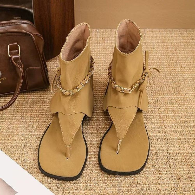 Women Y2K Gold Chain Decor Thong Toe Ankle Sandal Boots, Flat Heel Square Open Toe Folded Layer Upper Retro Street Wear Short Booties