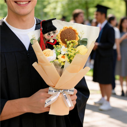 Handmade Crocheted Flower Bouquet, Graduate Figurine Paired With