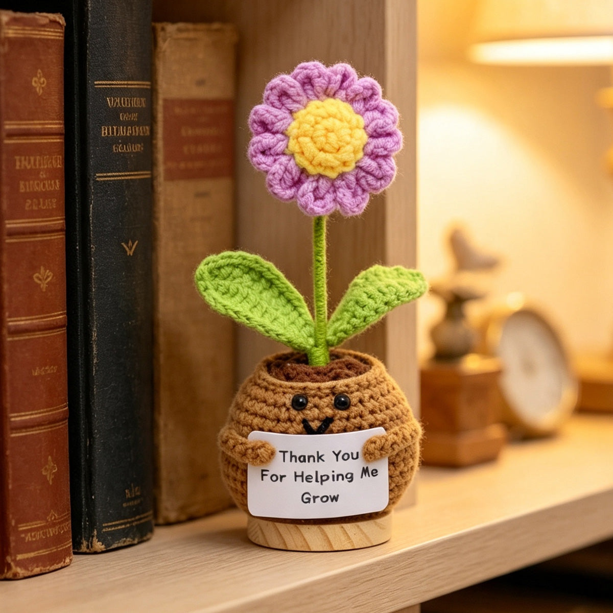 Handmade Crochet Smiling Face Potted Purple Flower Ornament, Everlasting Soft Yarn Crochet Small Flower, Cozy Home Tabletop Decorative Decor