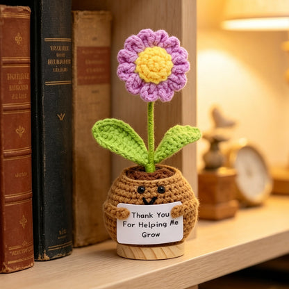 Handmade Crochet Smiling Face Potted Purple Flower Ornament, Everlasting Soft Yarn Crochet Small Flower, Cozy Home Tabletop Decorative Decor