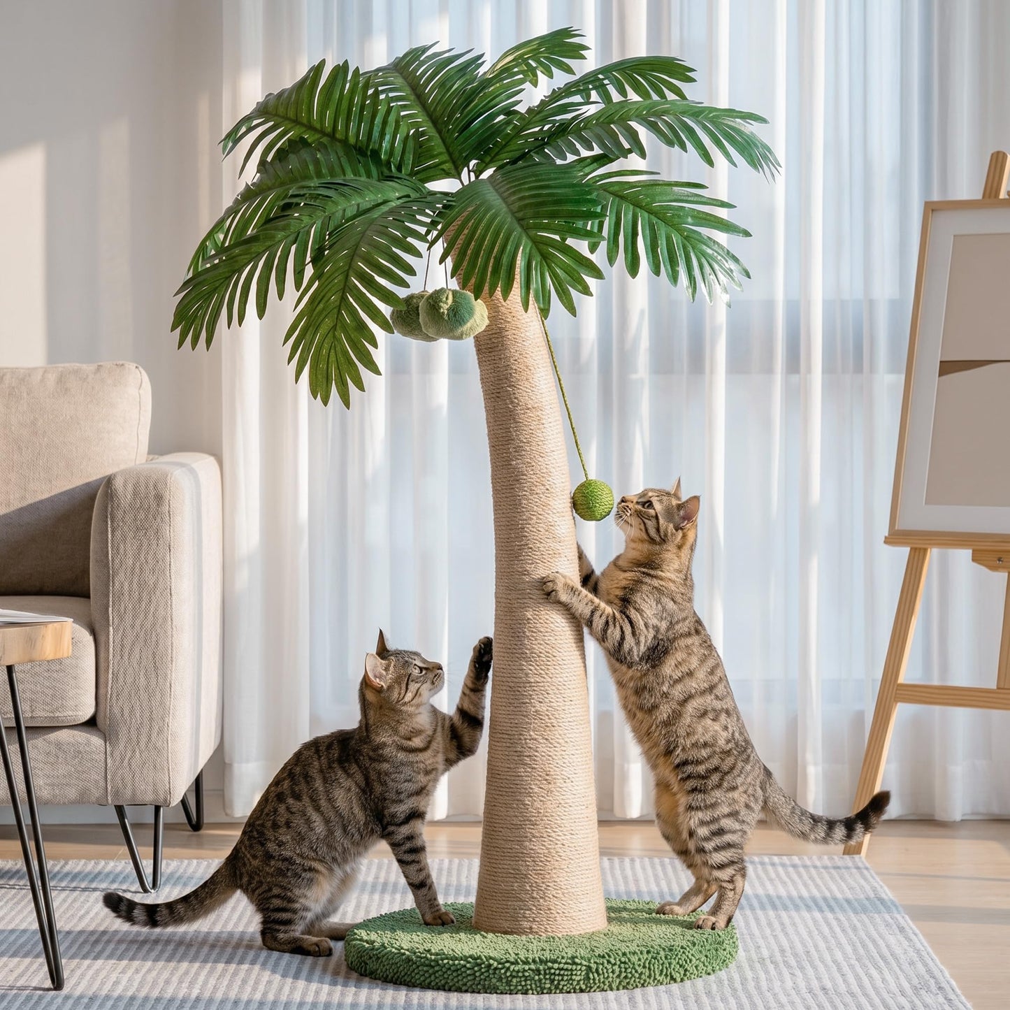 43 Inch Tall Cat Scratching Post For Indoor Large Cats, Natural Sisal Scratch Post With Hanging Toys, Stable Base Cat Scratcher For Kittens & Cats
