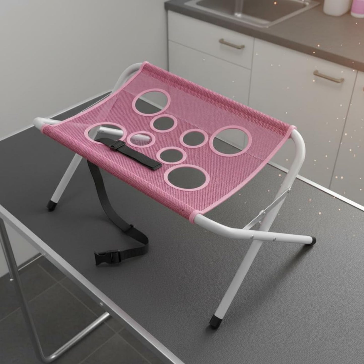 Grooming Pet Bath Stand Mesh Bathing Station, Pink Foldable Metal Structure With Quick Surface And Strap, Suitable For Pet Washing Maintenance Travel