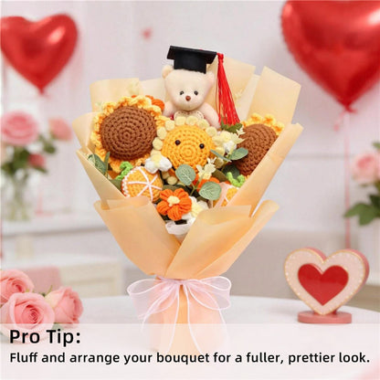 Graduation Handmade Crochet Bouquet, Knitted Sunflowers With Graduate