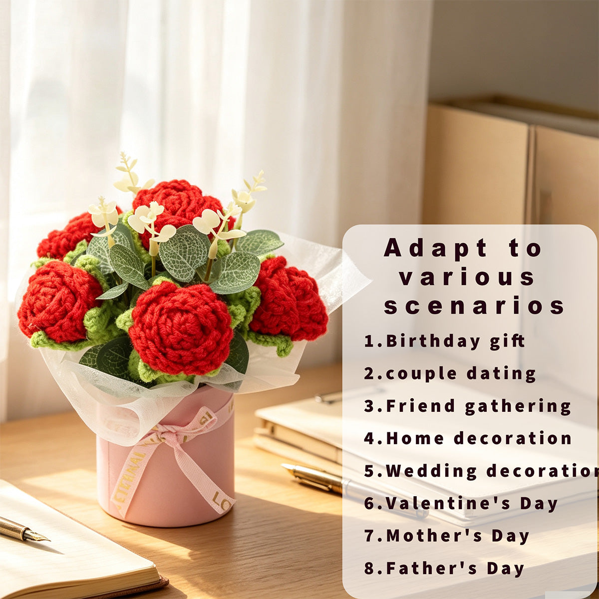 Smart Home Gadget - Handmade Crochet Flower Bouquet, Rich Red Rose