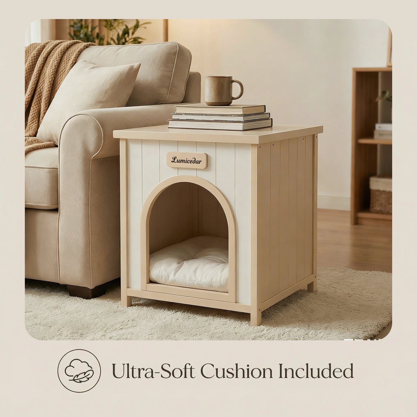 Modern Indoor Wooden Dog House with Removable Cushion – Solid Cedar