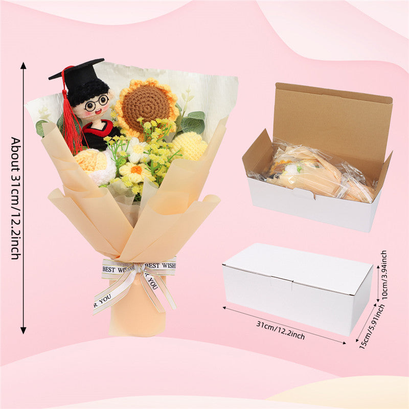 Handmade Crocheted Flower Bouquet, Graduate Figurine Paired With