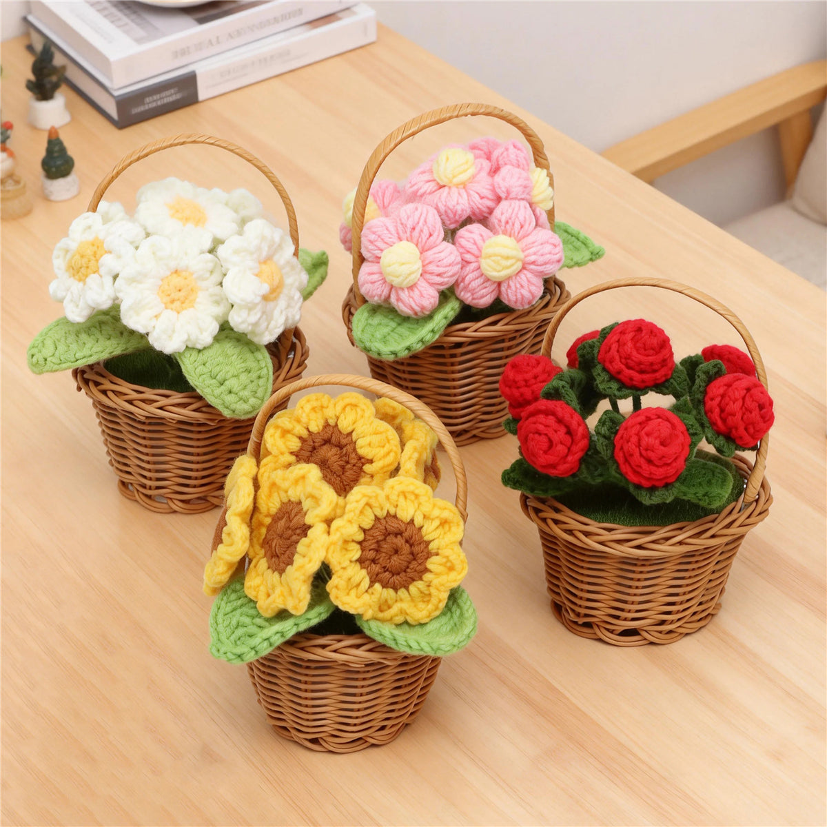 Handmade Crochet Assorted Flower Basket Potted Ornaments, Everlasting Soft Yarn Crochet Blooms With Woven Carry Basket, Indoor Home Tabletop
