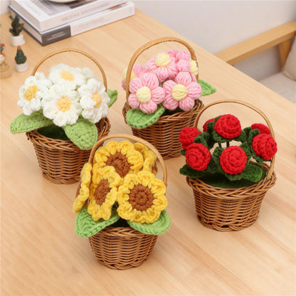 Handmade Crochet Assorted Flower Basket Potted Ornaments, Everlasting Soft Yarn Crochet Blooms With Woven Carry Basket, Indoor Home Tabletop