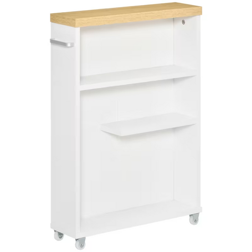Slim Rolling Storage Cabinet With Wood Top, Narrow Gap Organizer Cart With Side Handle & Wheels, 3 Open Shelves Space Saver For Bathroom Kitchen