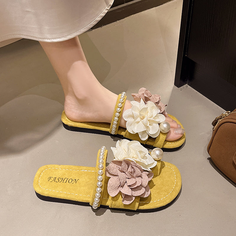 Home Decor - Women Romantic 3D Fabric Flower Pearl Decor Flat Slide