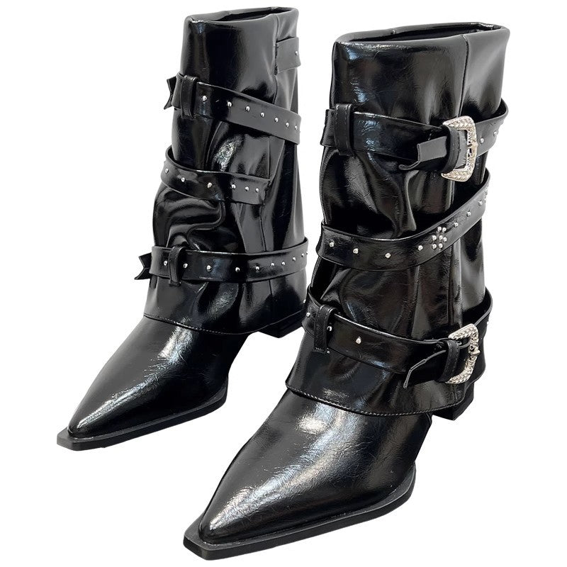 Women's Fashion Versatile Pointed Toe High Heel Slip-on Ankle Boots, 2026 Autumn & Winter New, Rivet & Belt Buckle Decor Fashion Pants Boots