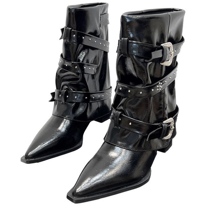 Women's Fashion Versatile Pointed Toe High Heel Slip-on Ankle Boots, 2026 Autumn & Winter New, Rivet & Belt Buckle Decor Fashion Pants Boots