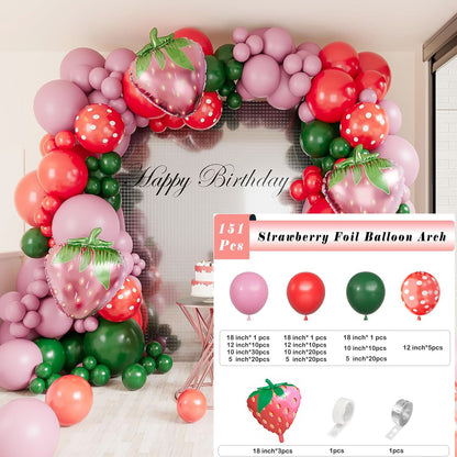 Strawberry Theme Balloon Set Birthday Party Decoration Kit With Background Props For Kids Baby Shower Event Supplies