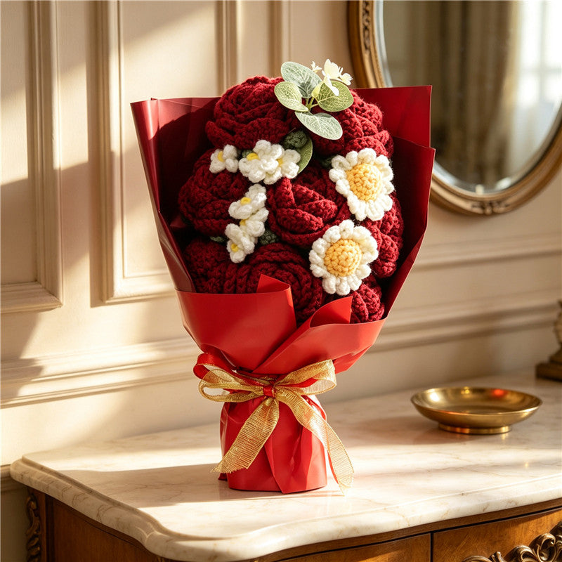 Handmade Crochet Flower Bouquet, Burgundy Roses Paired With Crochet