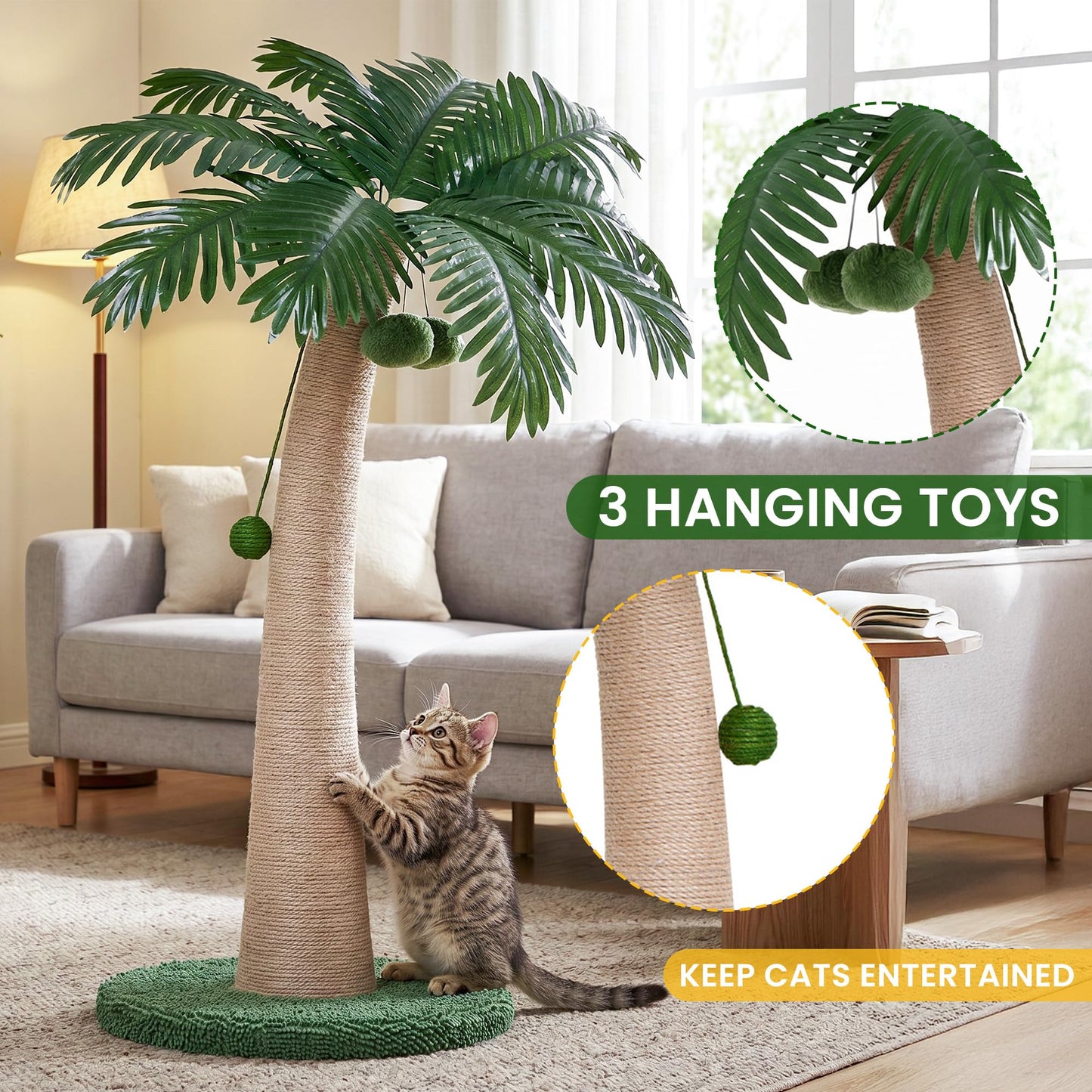 43 Inch Tall Cat Scratching Post For Indoor Large Cats, Natural Sisal Scratch Post With Hanging Toys, Stable Base Cat Scratcher For Kittens & Cats