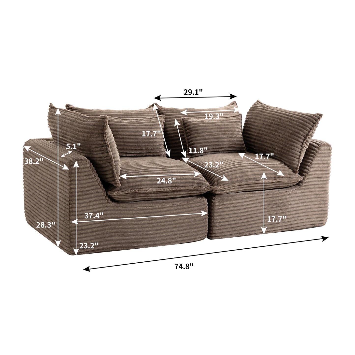 74.8" Width Cloud Couch Oversized Modular Sectional Sofa True Relax