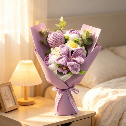Handmade Crochet Purple Yarn Flower Bouquet, Everlasting Crochet Lily