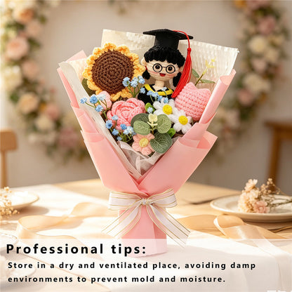 Graduation Hand Crochet Flower Bouquet , Knitted Roses & Sunflowers