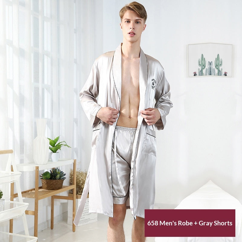 Ice-silk Mandarin-collar Nightgown And Pajama Pants Home Set