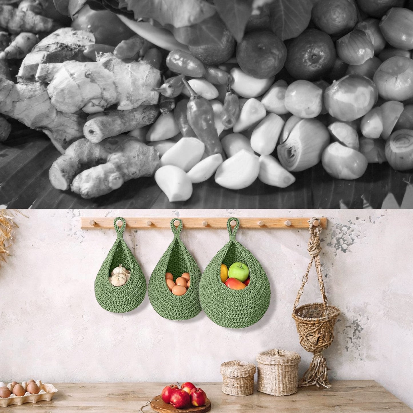 Kitchen Organizer - Boho-Style Vegetable Hanging Baskets - Set Of 3