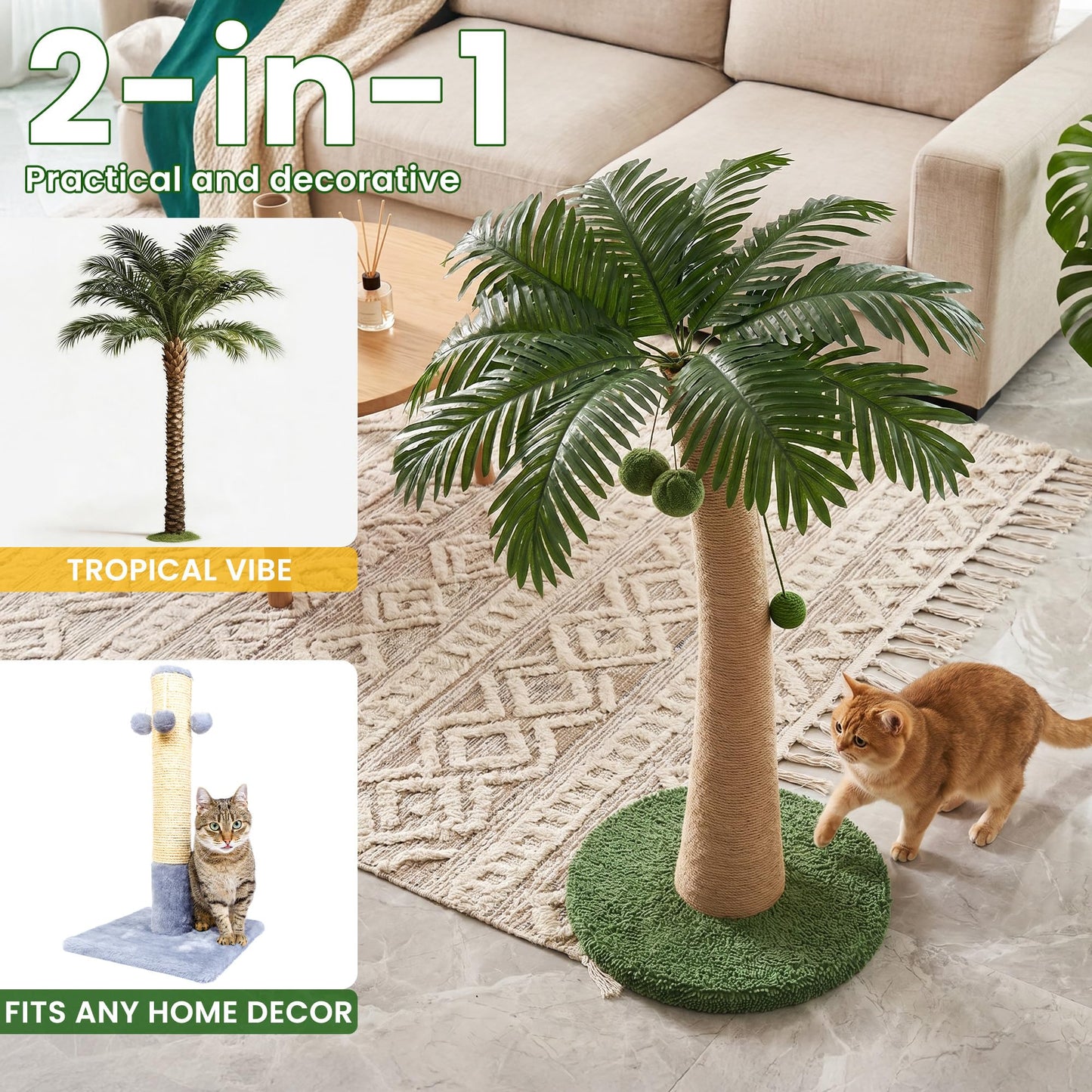 43 Inch Tall Cat Scratching Post For Indoor Large Cats, Natural Sisal Scratch Post With Hanging Toys, Stable Base Cat Scratcher For Kittens & Cats