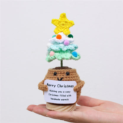 Handmade Crochet Christmas Tree Combined Potted Flower Ornaments, Everlasting Soft Yarn Crochet Saplings With Festive Message Cards, Indoor Home