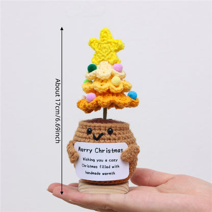 Handmade Crochet Christmas Tree Combined Potted Flower Ornaments, Everlasting Soft Yarn Crochet Saplings With Festive Message Cards, Indoor Home
