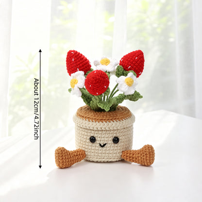 Handmade Crochet Strawberry And Tiny Bloom Pot Ornament Soft Yarn Everlasting Crochet Fruit Flower Decor With Foot Fittings Indoor Home Tabletop