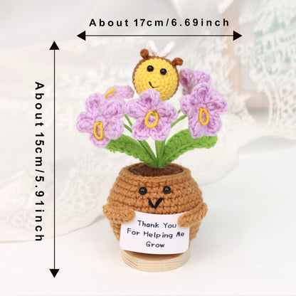 Handmade Crochet Bee Assorted Flower Pot Ornaments Soft Yarn Everlasting Crochet Blooms With Thank You Note Cards Indoor Home Tabletop Decorative