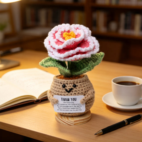 Handmade Crochet Potted Flower, Cute Flower Pot Matched With Gradient Camellia, Soft Yarn Everlasting Crochet Floral Pot, Indoor Home Desktop