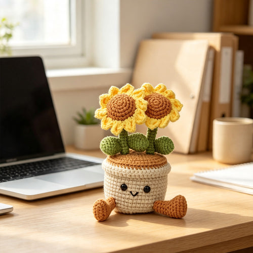Handmade Crochet Double Sunflower Pot Ornament Soft Yarn Everlasting Crochet Blooms With FootShaped Parts Indoor Home Tabletop Decorative Ornament