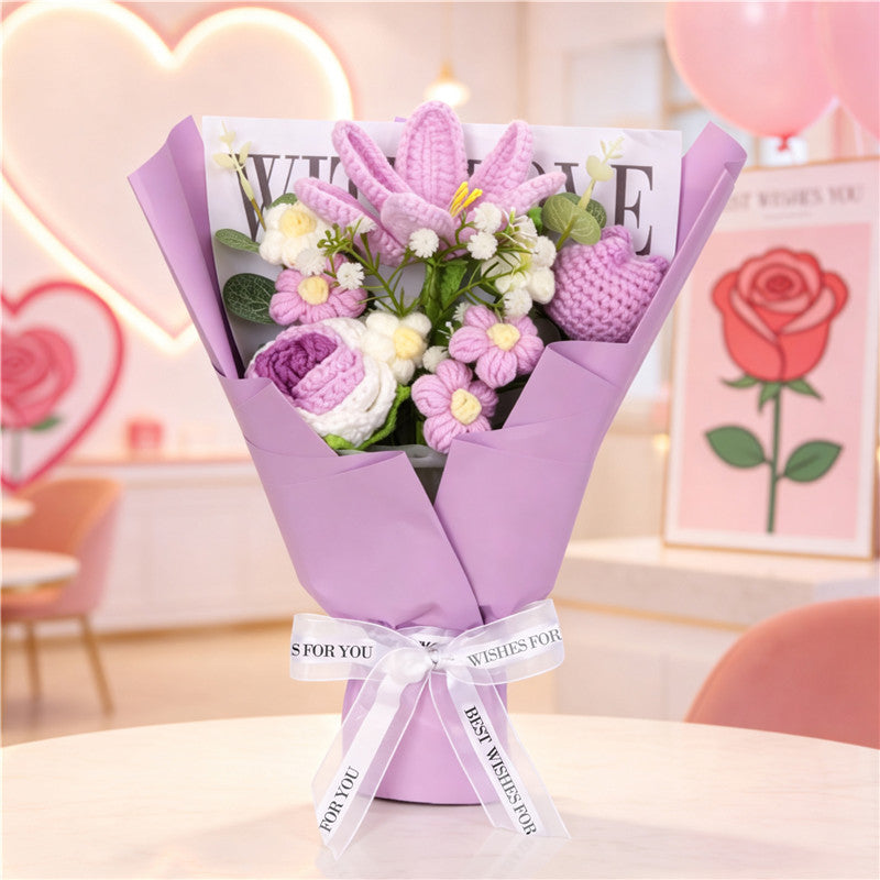 Handmade Crochet Flower Bouquet, Light Purple Lilies And Roses